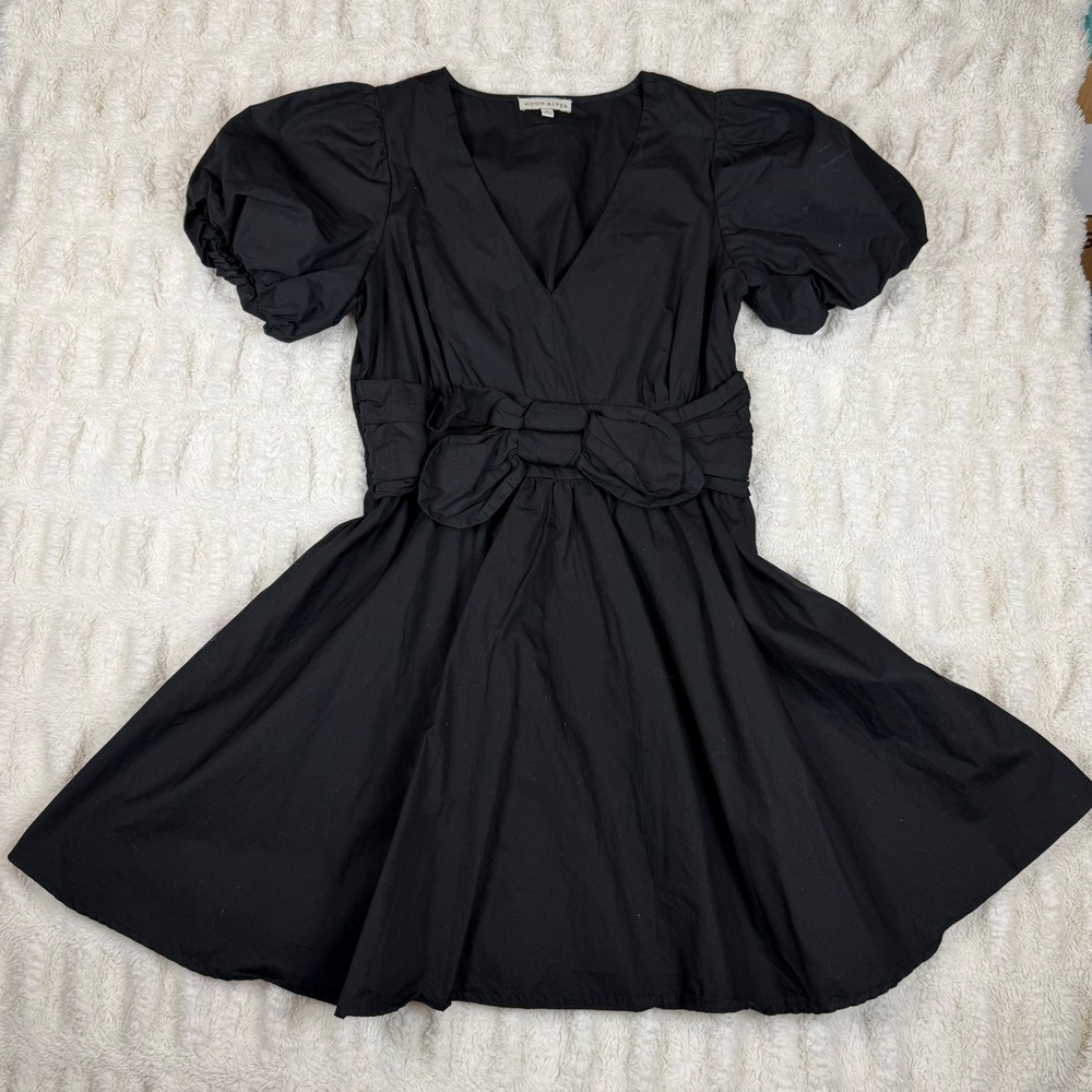 Moon River Black Puff Sleeve Bow Front Mini Dress MR9085 Smocked Back Size S